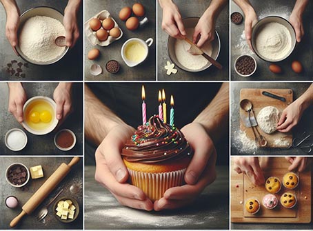 collage de unas manos haciendo un cupcake